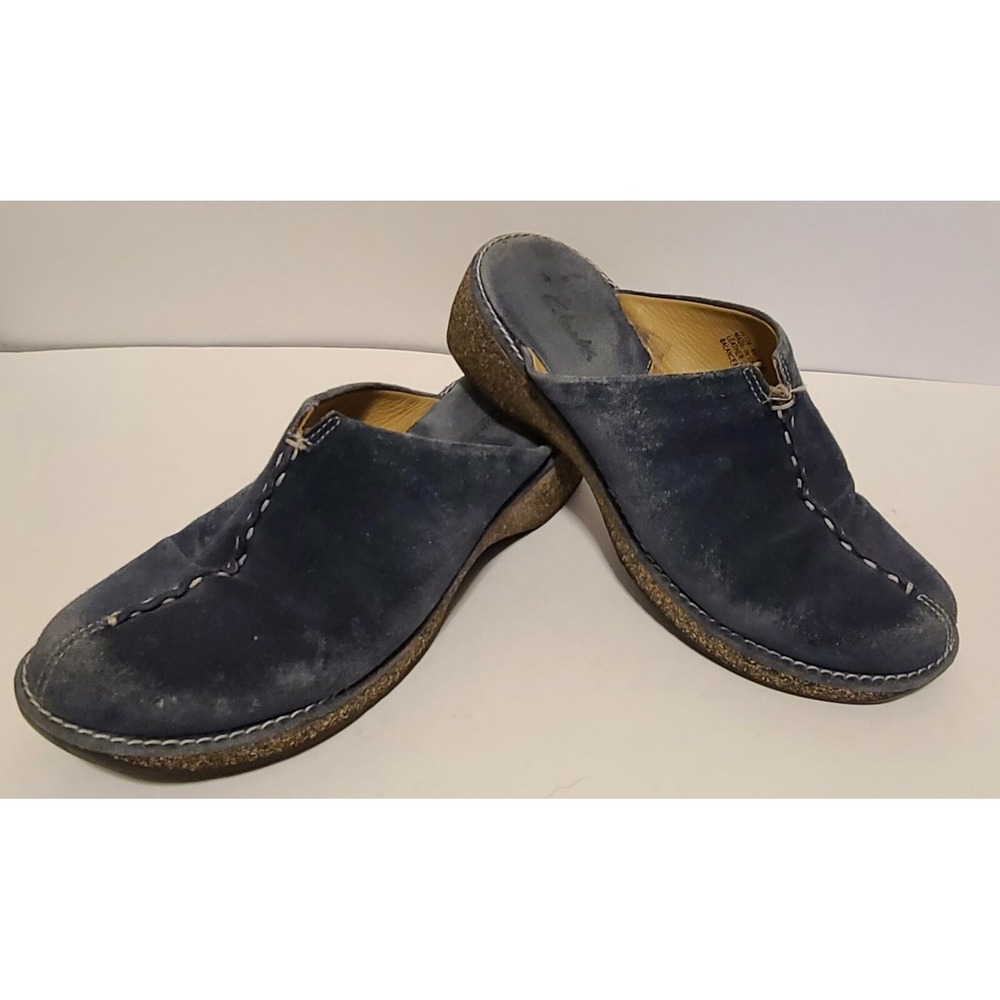 Clarks Navy Blue‎ Suede Leather Mules Clogs Women's US 8, EU 38.5 good pre-owned